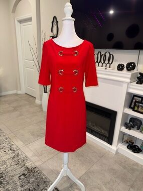 NWT Joseph Ribkoff Bold Red Eyelet-Trim Midi Dress Size 8